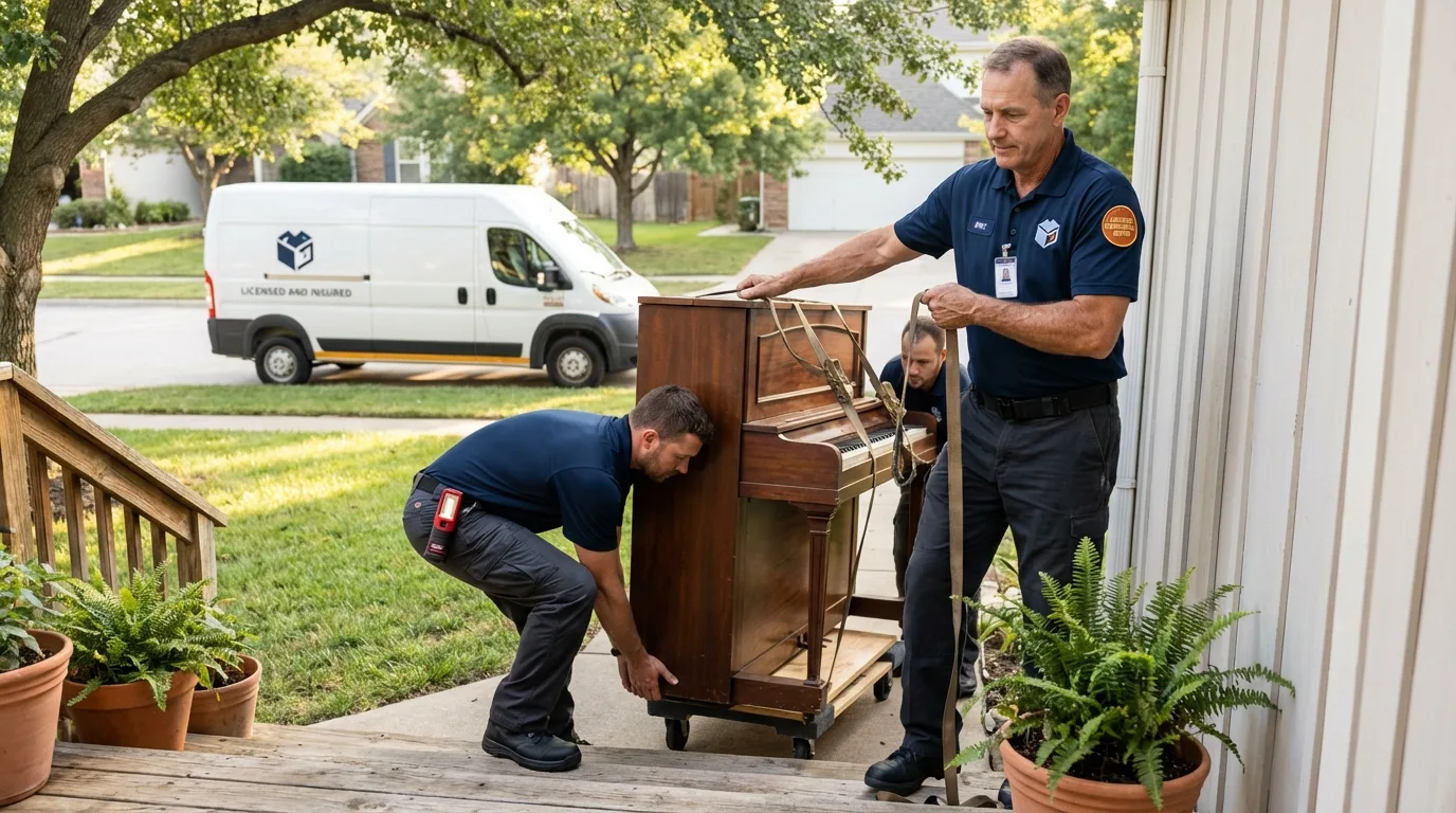 Licensed piano movers securing grand piano in Berryville, AR