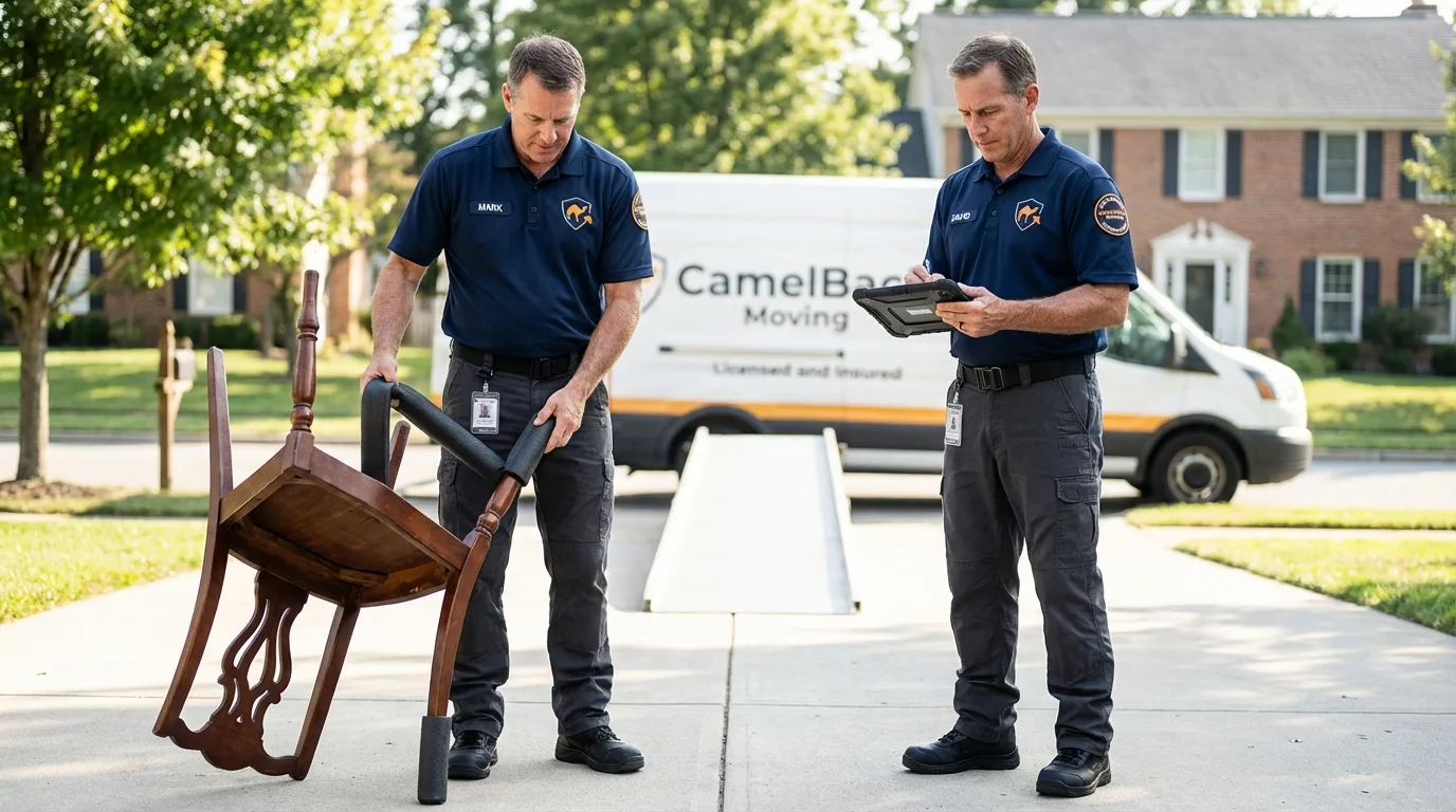 Movers inspecting furniture for damage prevention before loading in Berryville, AR