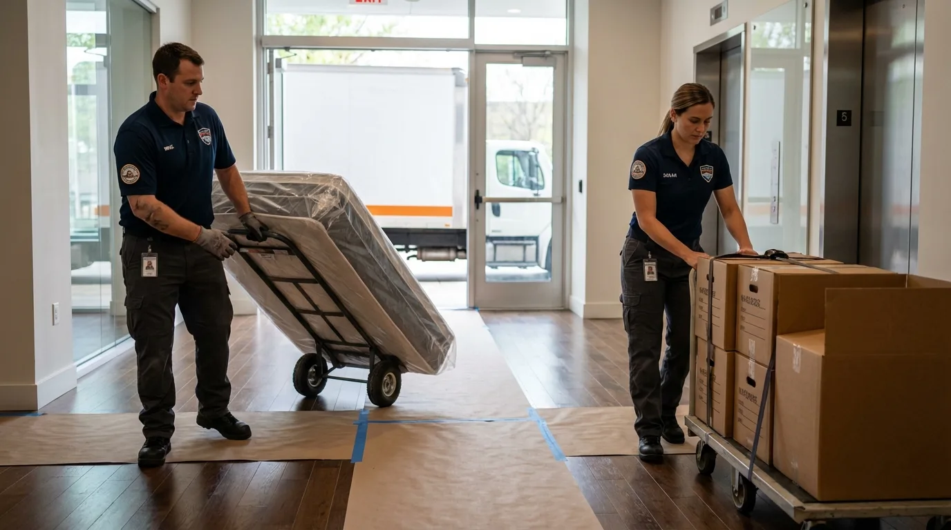 Professional apartment movers loading elevator in Berryville, AR