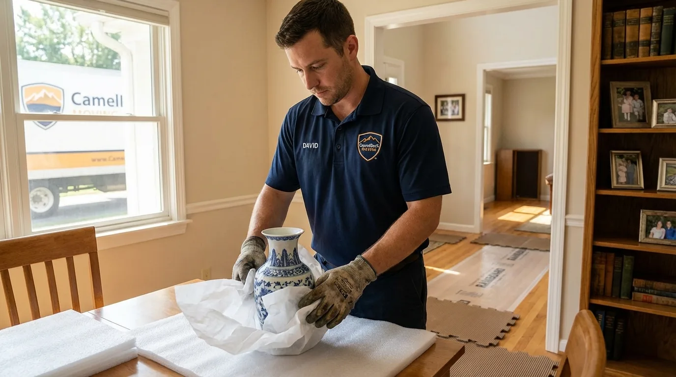 Professional crew carefully wrapping antique vase for senior downsizing move in Berryville, AR
